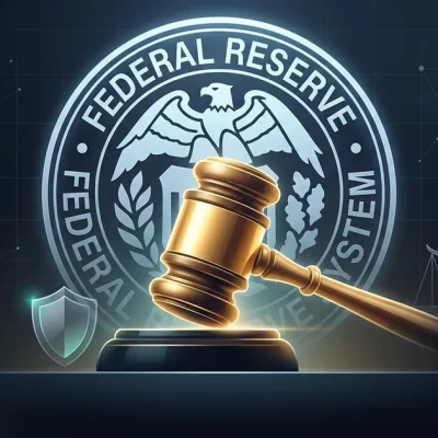 Golden gavel striking before the Federal Reserve System seal with scales of justice and shield symbolizing institutional independence