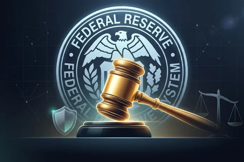 Golden gavel striking before the Federal Reserve System seal with scales of justice and shield symbolizing institutional independence