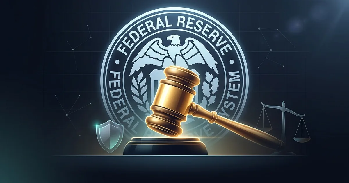 Golden gavel striking before the Federal Reserve System seal with scales of justice and shield symbolizing institutional independence