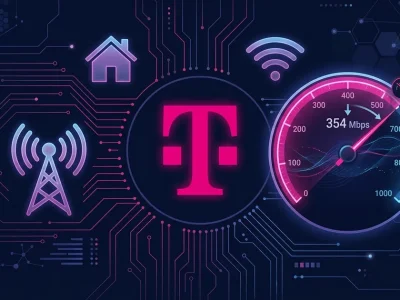 T-Mobile magenta logo with speedometer gauge showing 354 Mbps cap alongside 5G tower and home icon on dark navy circuit board background