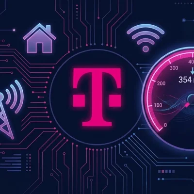 T-Mobile magenta logo with speedometer gauge showing 354 Mbps cap alongside 5G tower and home icon on dark navy circuit board background
