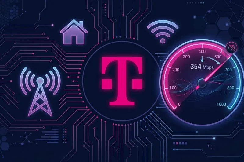 T-Mobile magenta logo with speedometer gauge showing 354 Mbps cap alongside 5G tower and home icon on dark navy circuit board background