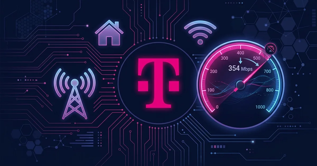 T-Mobile magenta logo with speedometer gauge showing 354 Mbps cap alongside 5G tower and home icon on dark navy circuit board background