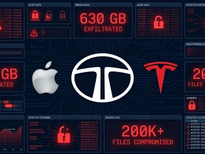 Tata logo with Apple and Tesla logos and cybersecurity breach data panels on dark navy background