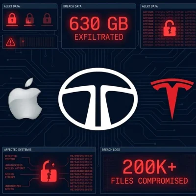 Tata logo with Apple and Tesla logos and cybersecurity breach data panels on dark navy background