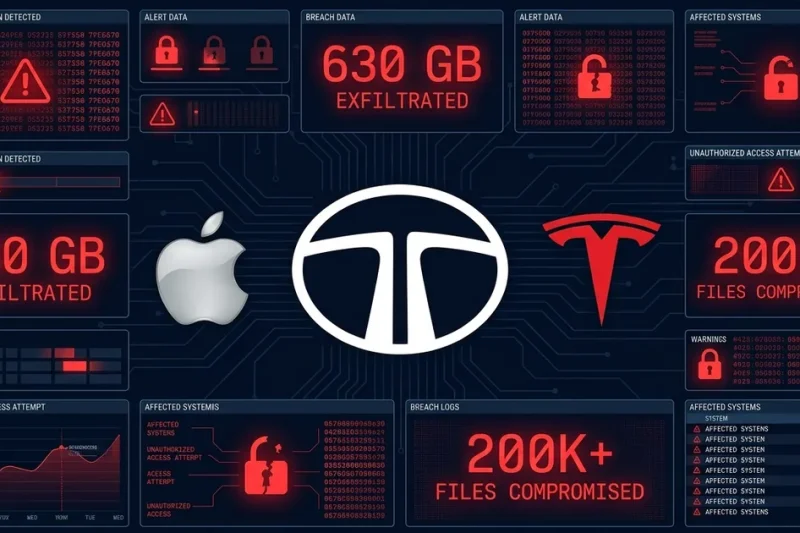 Tata logo with Apple and Tesla logos and cybersecurity breach data panels on dark navy background