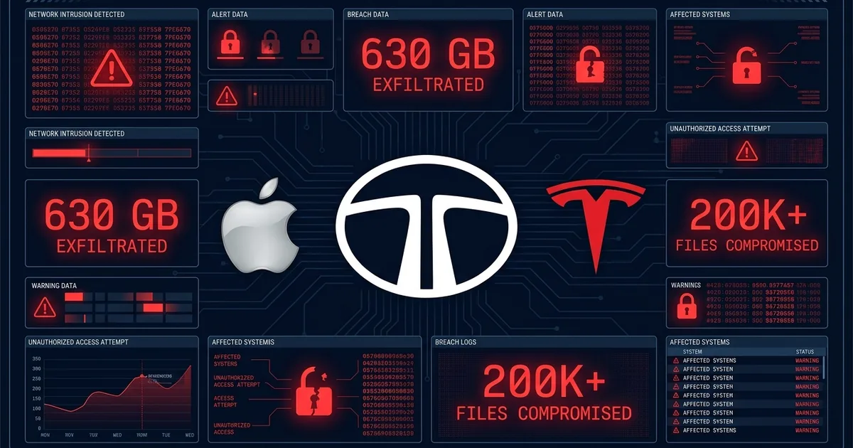 Tata logo with Apple and Tesla logos and cybersecurity breach data panels on dark navy background