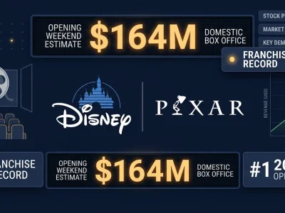 Disney and Pixar logos with box office ticker showing 164 million dollar franchise record opening weekend