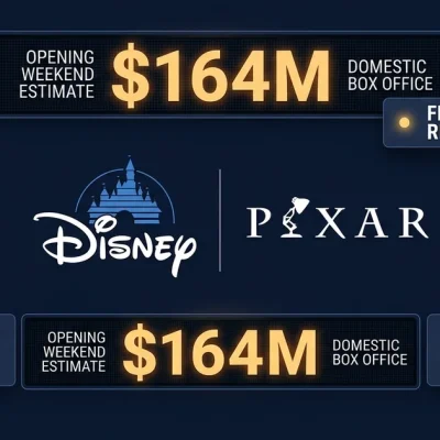 Disney and Pixar logos with box office ticker showing 164 million dollar franchise record opening weekend