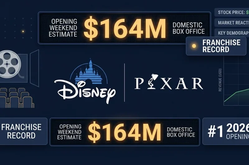 Disney and Pixar logos with box office ticker showing 164 million dollar franchise record opening weekend