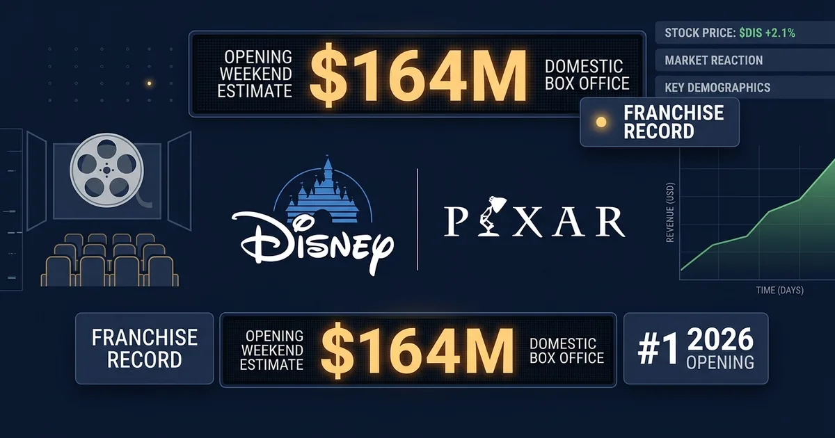 Disney and Pixar logos with box office ticker showing 164 million dollar franchise record opening weekend