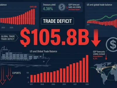 Trade deficit dashboard showing 105.8 billion dollar gap with import export arrows, cargo ship, Treasury yield, and GDP forecast revision