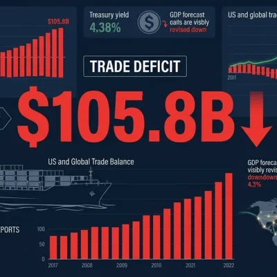 Trade deficit dashboard showing 105.8 billion dollar gap with import export arrows, cargo ship, Treasury yield, and GDP forecast revision