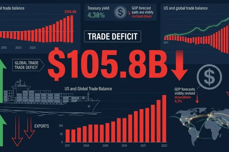 Trade deficit dashboard showing 105.8 billion dollar gap with import export arrows, cargo ship, Treasury yield, and GDP forecast revision