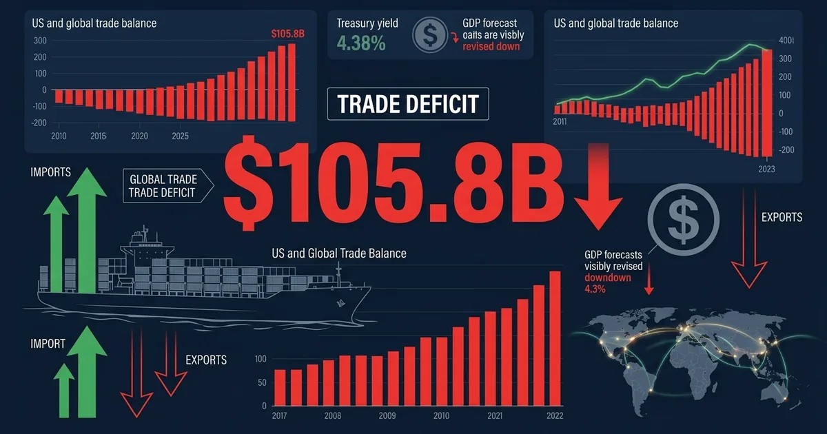 Trade deficit dashboard showing 105.8 billion dollar gap with import export arrows, cargo ship, Treasury yield, and GDP forecast revision