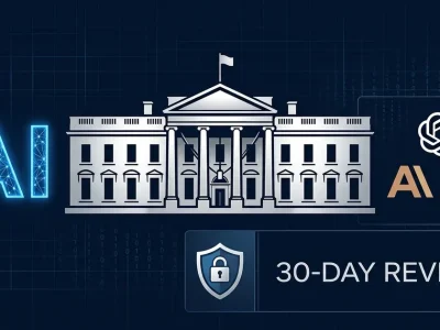 White House with AI text, OpenAI Anthropic and Google logos, 30-day review shield on dark blue policy dashboard