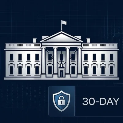 White House with AI text, OpenAI Anthropic and Google logos, 30-day review shield on dark blue policy dashboard