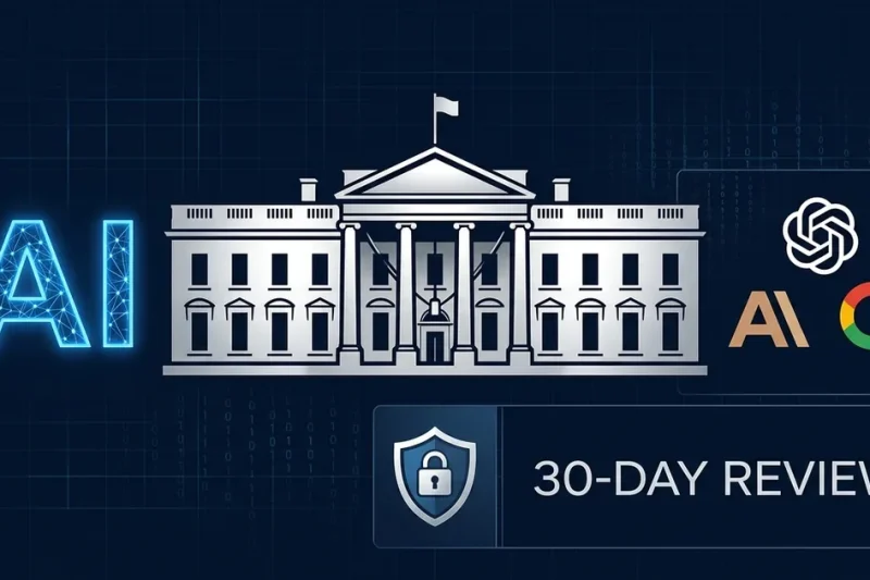 White House with AI text, OpenAI Anthropic and Google logos, 30-day review shield on dark blue policy dashboard