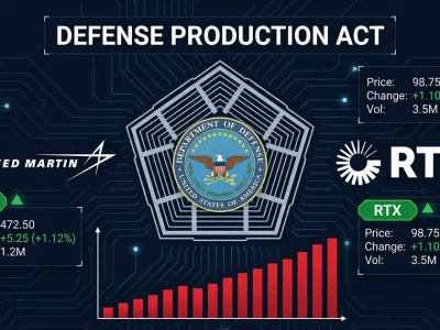 Pentagon seal with Lockheed Martin and RTX logos showing Defense Production Act invocation and defense stock tickers
