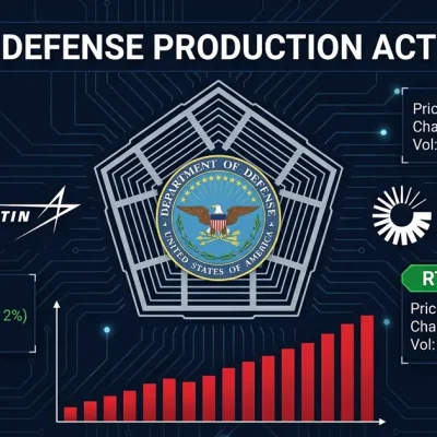 Pentagon seal with Lockheed Martin and RTX logos showing Defense Production Act invocation and defense stock tickers