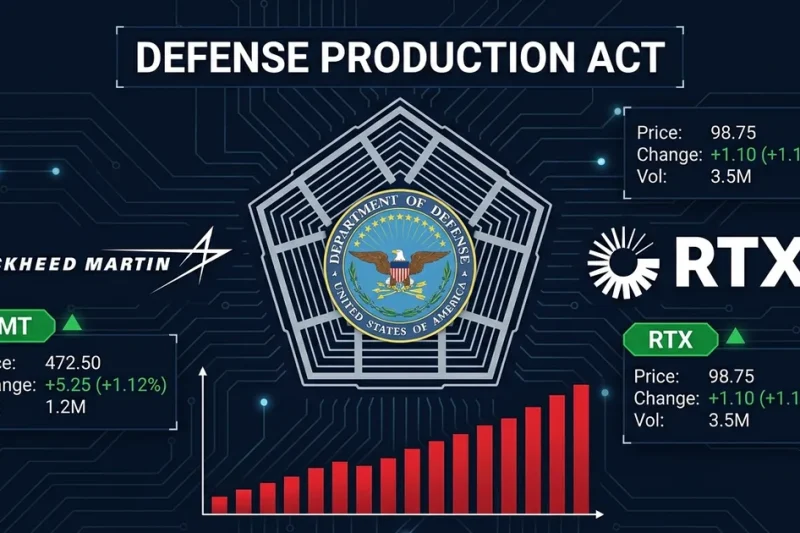 Pentagon seal with Lockheed Martin and RTX logos showing Defense Production Act invocation and defense stock tickers