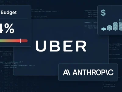 Uber and Anthropic logos on dark code terminal background with AI Budget warning panel, 84% usage metric, and depleted budget bar graph with dollar signs
