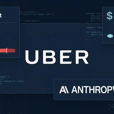 Uber and Anthropic logos on dark code terminal background with AI Budget warning panel, 84% usage metric, and depleted budget bar graph with dollar signs
