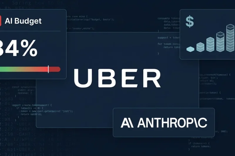 Uber and Anthropic logos on dark code terminal background with AI Budget warning panel, 84% usage metric, and depleted budget bar graph with dollar signs