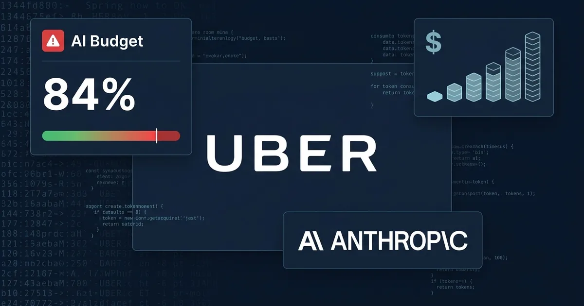 Uber and Anthropic logos on dark code terminal background with AI Budget warning panel, 84% usage metric, and depleted budget bar graph with dollar signs