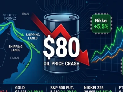 Financial dashboard showing oil price crash below 0 with Strait of Hormuz reopening map and global stock market rally indicators