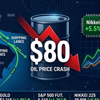 Financial dashboard showing oil price crash below 0 with Strait of Hormuz reopening map and global stock market rally indicators