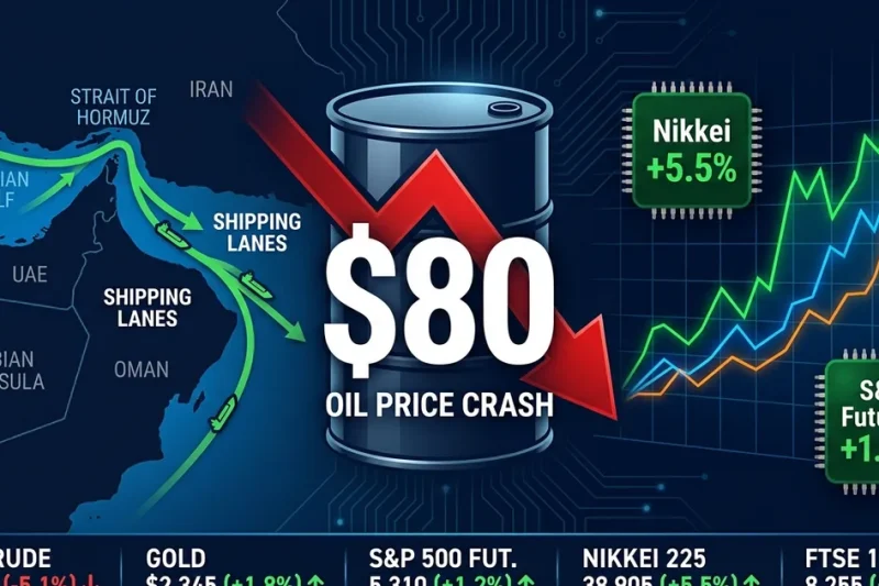 Financial dashboard showing oil price crash below 0 with Strait of Hormuz reopening map and global stock market rally indicators