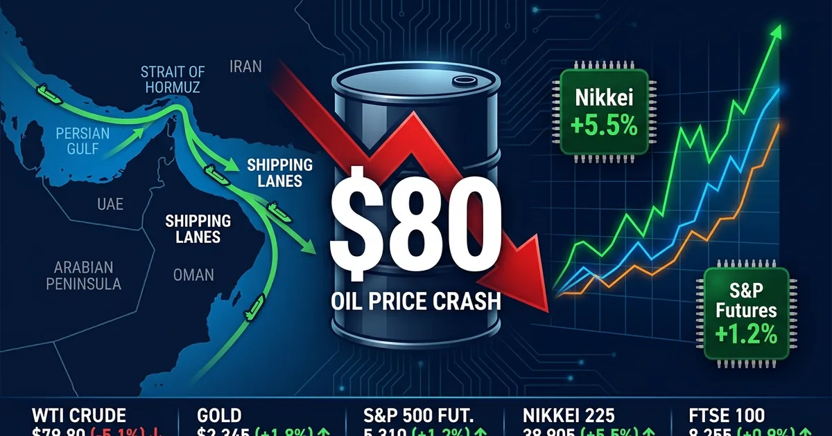 Financial dashboard showing oil price crash below 0 with Strait of Hormuz reopening map and global stock market rally indicators
