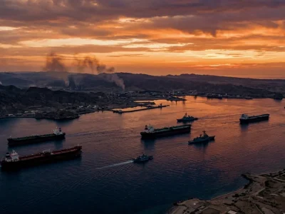 Aerial view of oil tankers and military vessels in the Strait of Hormuz at dusk with smoke plumes on the coastline
