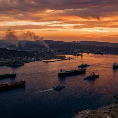 Aerial view of oil tankers and military vessels in the Strait of Hormuz at dusk with smoke plumes on the coastline