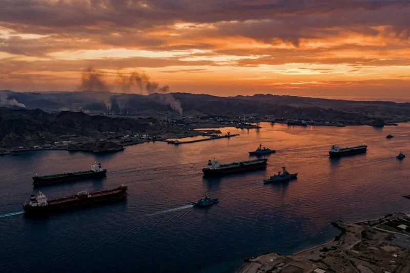 Aerial view of oil tankers and military vessels in the Strait of Hormuz at dusk with smoke plumes on the coastline