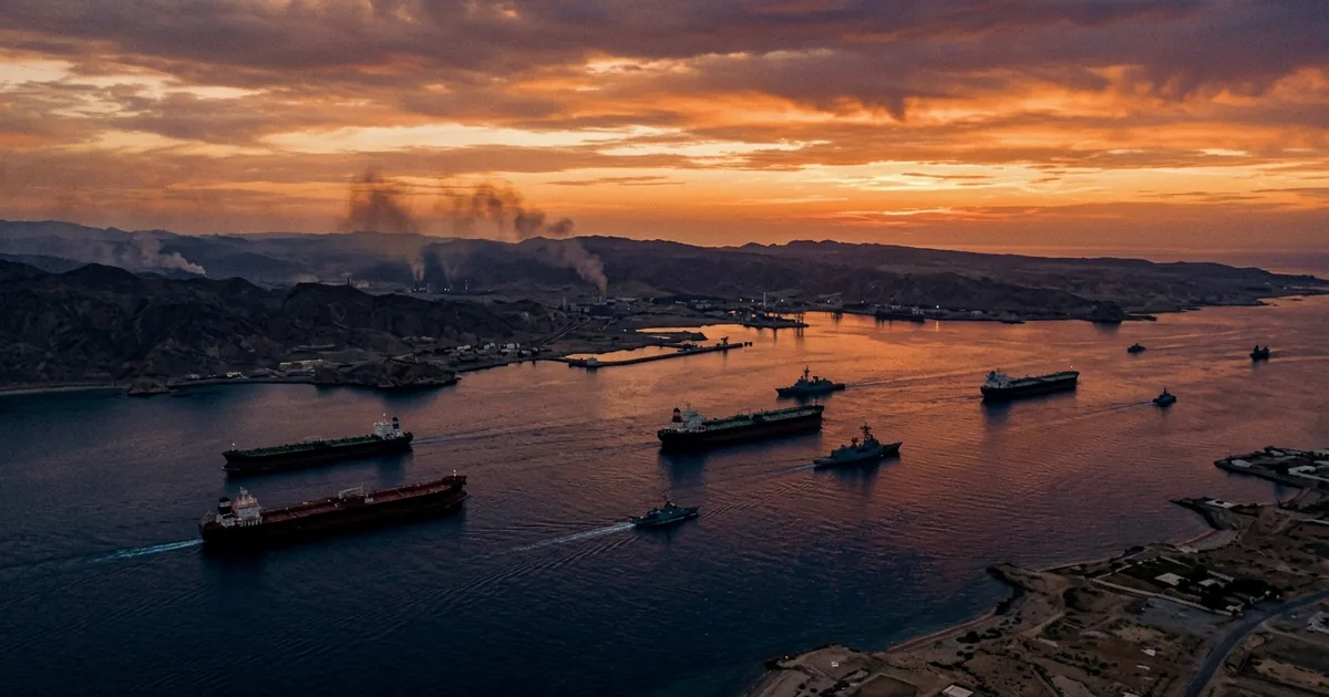 Aerial view of oil tankers and military vessels in the Strait of Hormuz at dusk with smoke plumes on the coastline