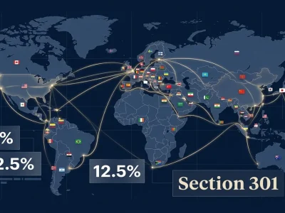 World map showing trade routes and tariff rates of 10% and 12.5% under Section 301 forced labor investigation targeting 60 economies