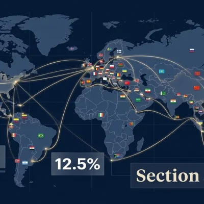 World map showing trade routes and tariff rates of 10% and 12.5% under Section 301 forced labor investigation targeting 60 economies
