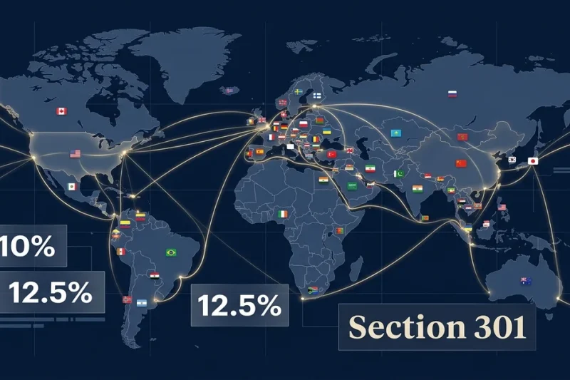 World map showing trade routes and tariff rates of 10% and 12.5% under Section 301 forced labor investigation targeting 60 economies