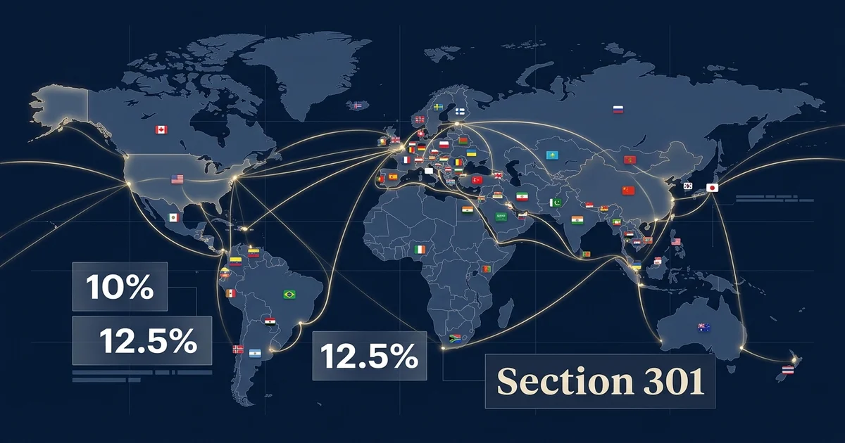 World map showing trade routes and tariff rates of 10% and 12.5% under Section 301 forced labor investigation targeting 60 economies