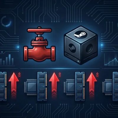 Valve pipe logo and Steam Machine cube console with memory chips and red upward price arrows on dark navy dashboard background with Samsung and Apple logos