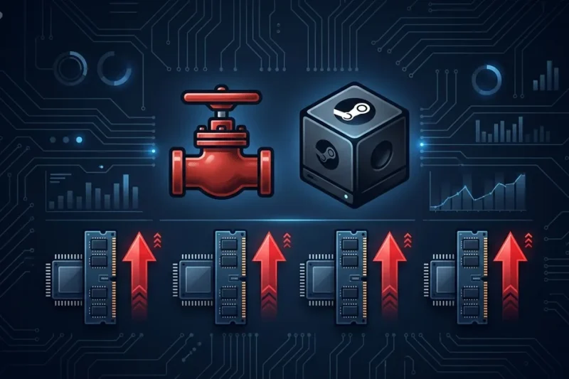 Valve pipe logo and Steam Machine cube console with memory chips and red upward price arrows on dark navy dashboard background with Samsung and Apple logos