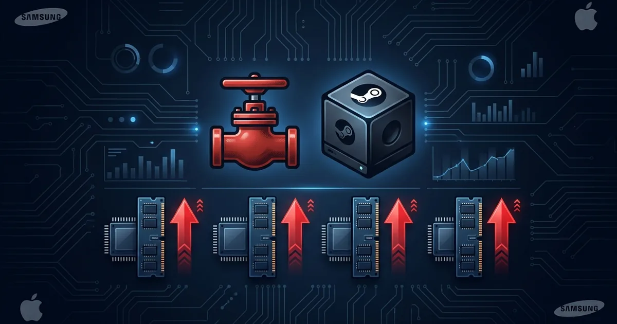 Valve pipe logo and Steam Machine cube console with memory chips and red upward price arrows on dark navy dashboard background with Samsung and Apple logos