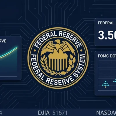 Federal Reserve seal with FOMC dot plot, Treasury yield curve, and rate target display on dark dashboard background
