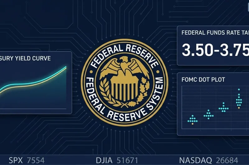 Federal Reserve seal with FOMC dot plot, Treasury yield curve, and rate target display on dark dashboard background