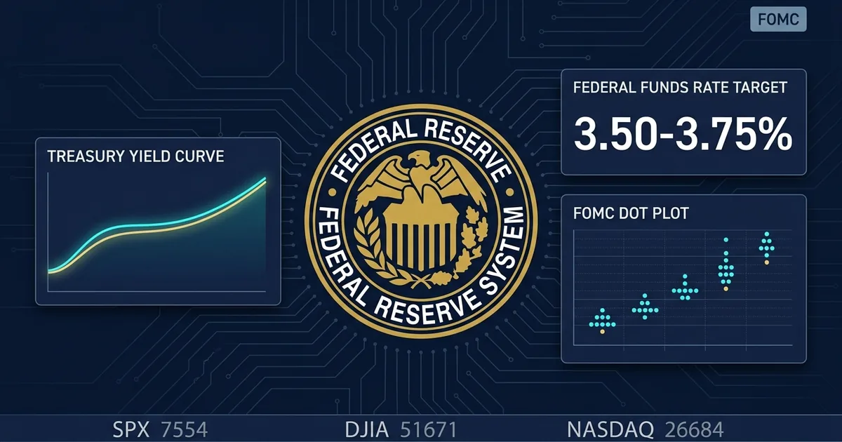 Federal Reserve seal with FOMC dot plot, Treasury yield curve, and rate target display on dark dashboard background
