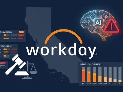 Workday logo with California outline, gavel, AI brain warning icon, FEHA and ADA compliance panels, and hiring rejection rate chart