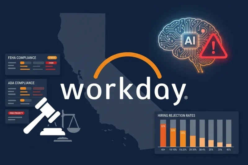 Workday logo with California outline, gavel, AI brain warning icon, FEHA and ADA compliance panels, and hiring rejection rate chart