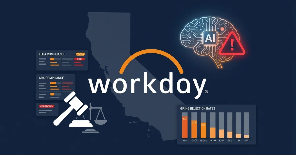 Workday logo with California outline, gavel, AI brain warning icon, FEHA and ADA compliance panels, and hiring rejection rate chart